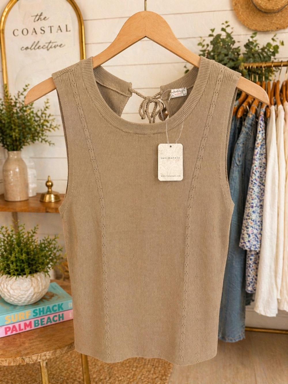 NWT Free People Intimately FP Ribbed Open Back Tank Treehouse Beige Size L